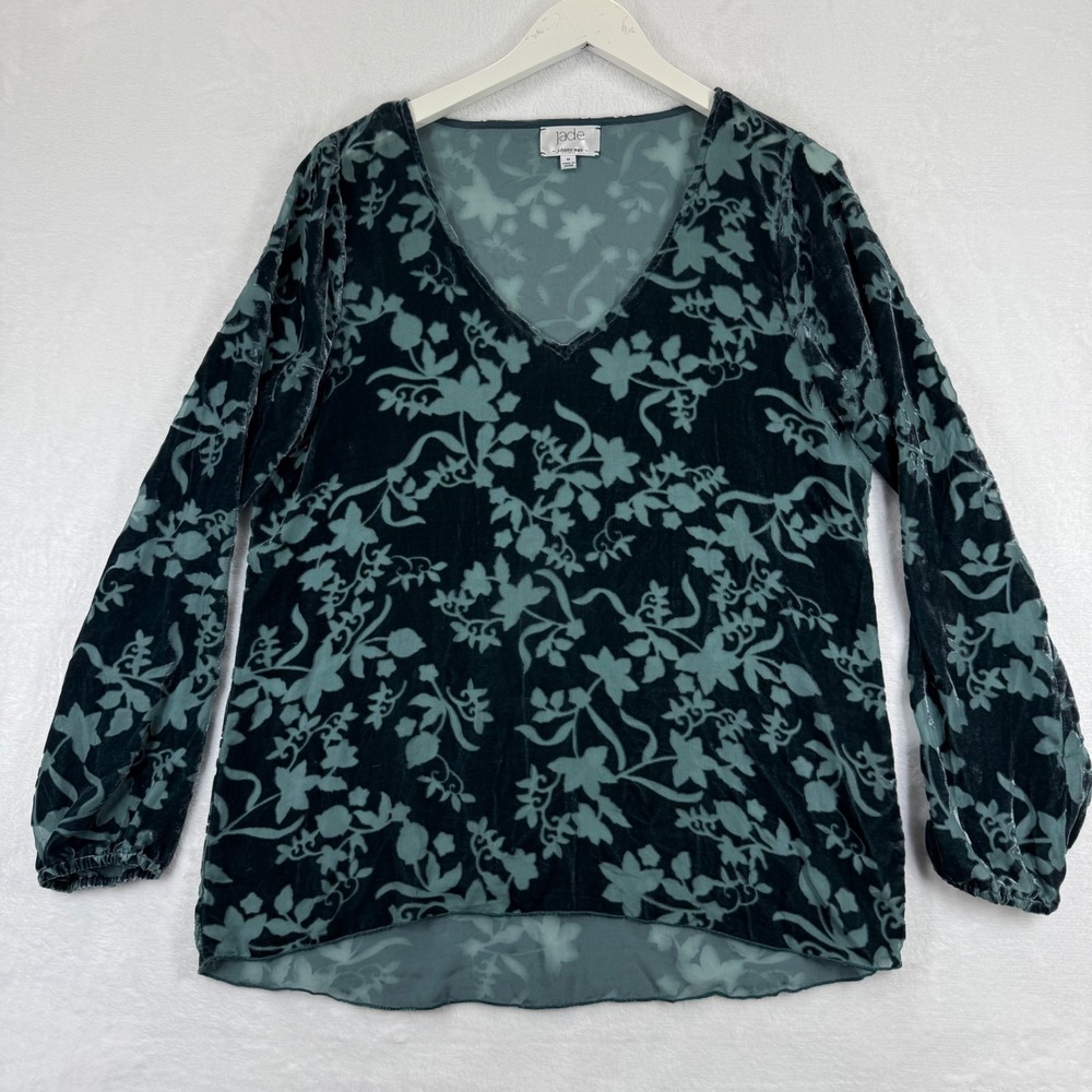Jade Johnny‎ Was Teal Green Silk Blend Velvet Burnout Floral V-Neck Blouse M